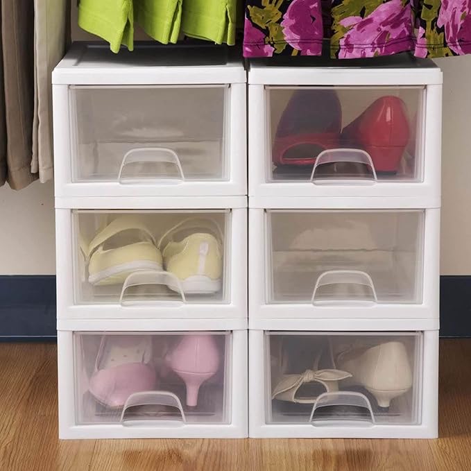 6-Pack Stacking Drawer, Clear Storage Closet Organizer, 6 Quart, White Frame