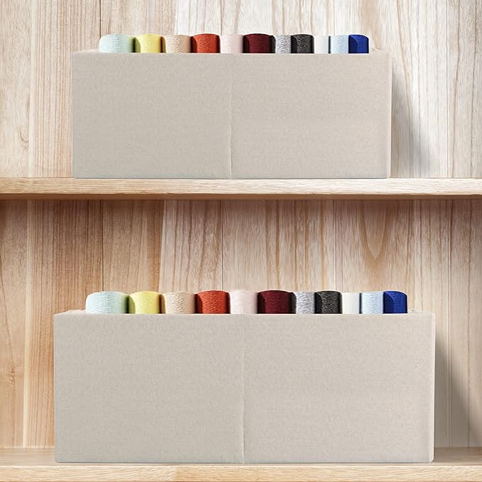 Fabric Storage Bin Box Foldable Cotton Linen Storage Basket with Wooden Handles Rectangular Cube Decorative Home Laundry Organizer Clothes Blanket Container - Beige, Small