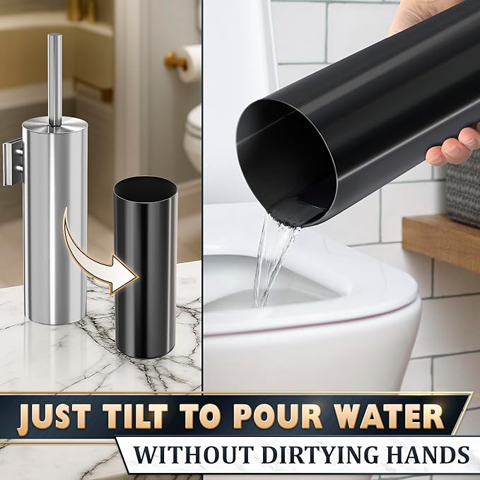 Silver Modern Toilet Brush and Holder Set with Wall Mount - Stainless Steel Toilet Brush with Holder - Removable Inner Bowl, Shiny Design, Splash Protection & Dense Bristles for Bathroom Cleaning