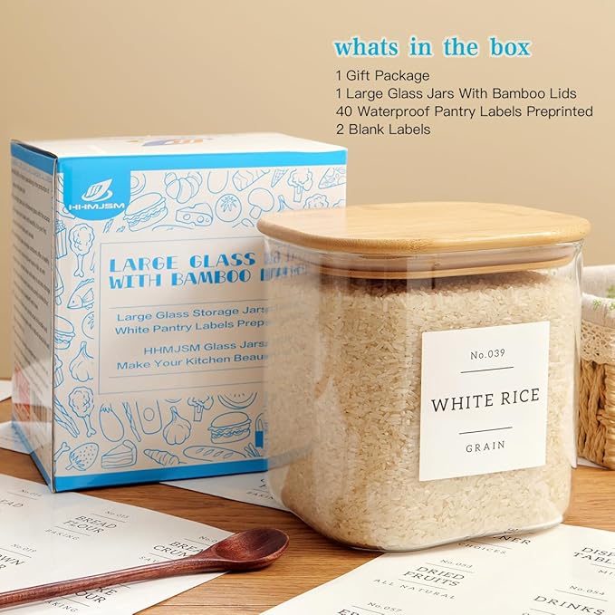 HHMJSM Large Glass Flour and Sugar Containers with 42 Kitchen Pantry Labels - 85 Oz Glass Food Storage Containers with Airtight Lids