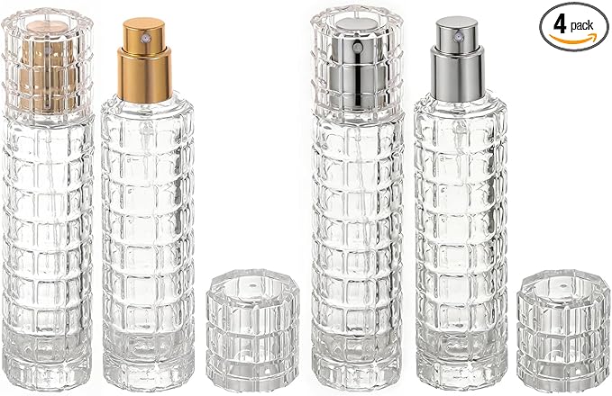 30ml Glass Spray Bottles 4Pcs, 5.1"x1.1"x1.1" Refillable olive oil Atomiser Perfume Atomizer for Home Bar, Kitchen, Travel & DIY (Gold & Silver Nozzles)