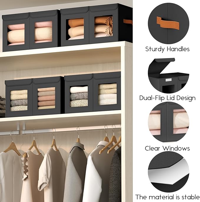 Homsorout Large Closet Storage Bins - Collapsible Divided Clothes Organizer with Lids & Dual Window, Fabric Organizing Bins for Clothes, Sweater, Bedroom, Office (Black, 4 Pack)