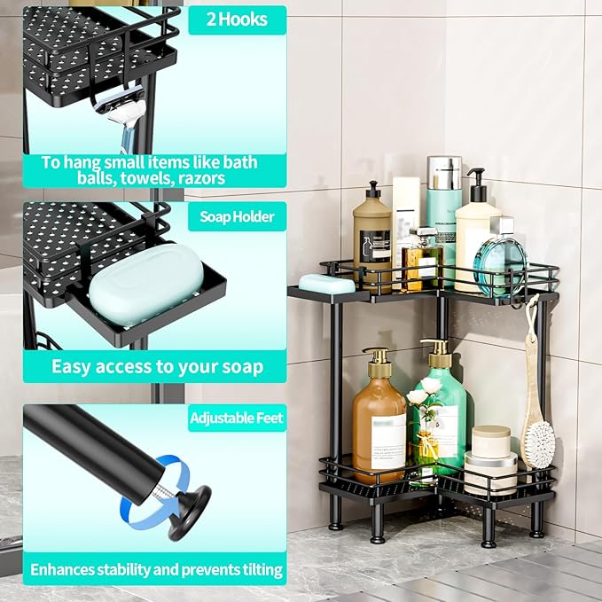HapiRm Corner Shower Caddy Standing - 2 Tier Shower Organizer Corner with Soap Holder, Rustproof Bathroom Standing Organizer with 2 Hooks, Black