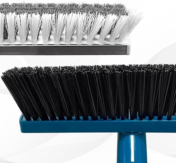 Stiff Bristle Deck Brushes for Scrubbing Heavy Duty with Rubber Scrape Squeegee, 55” Long Handle Scrub Brush for Bathroom Shower Carpet Outdoor Floor Cleaning (Head Size: 10.8”)