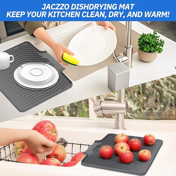 Dish Drying Mat for Kitchen Counter, with Built-in Drain Wide Lip, Food-Grade Silicone, Easy Clean Pad for Countertop Protection, Multi-Functional Use (18×12 Wide Lip, Grey)