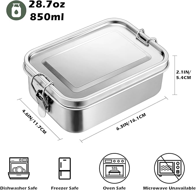 Leonyo 2 Pack 18/10 Stainless Steel Bento Box 28oz, 850ml Metal Lunch Box with Removable Divider