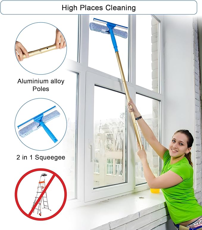 2 in 1 Window Squeegee Cleaning Kit with Aluminum Alloy Extension Poles, Scrubber, Glass Scrapper, Bendable Duster,2 Scrubber Cloth for Window, Car