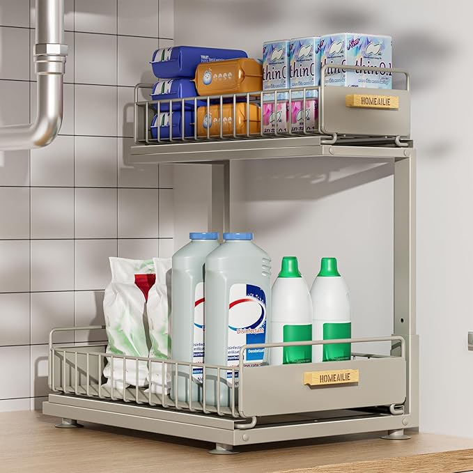 Under Sink Organizer, High Adjustable 2 Tier Under Kitchen Sink Organizer, Gray