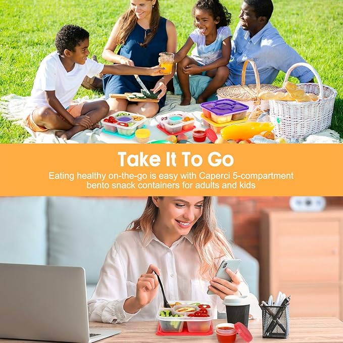 Caperci Original Bento Snack Box Containers for Kids & Adults - Lunchable Food Containers 5 Compartments with 4 Leakproof Small Containers, BPA-Free