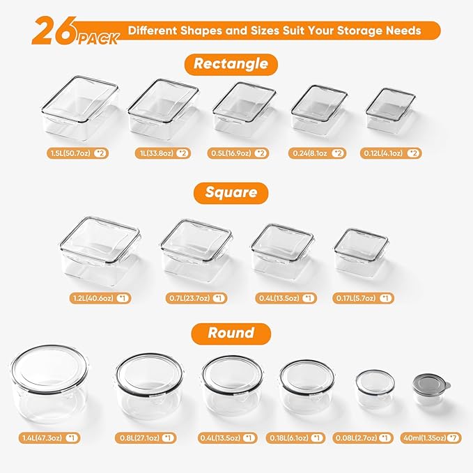52 Pcs Food Storage Containers with Lids Airtight (26 Containers & 26 Lids)