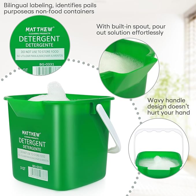 Matthew Detergent and Sanitizing Cleaning Bucket 3 Quart Plastic Pail,Set of 6 Square Containers,Built-in Spout w/Handle,Wash Rinse Sanitize Handwash Bucket for Home Office Commercial (Green)