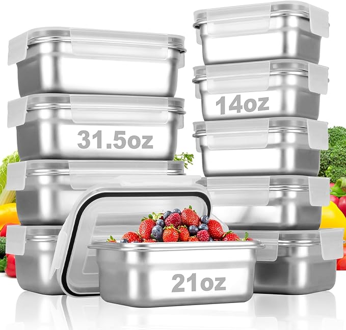 Cykorxicc 10 PC Square 304 Stainless Steel Food Containers with Lids, Airtight Bento Lunch Box, Metal Meal Prep Food Containers Reusable Stackable