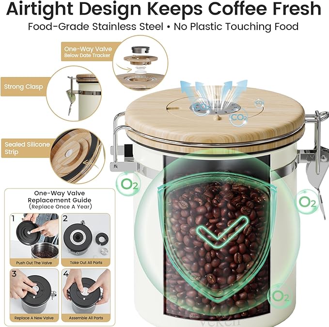 Veken Coffee Sugar Canister with Window, Airtight Stainless Steel Kitchen Food Storage Container with Lids, Date Tracker and Scoop for Grounds Coffee