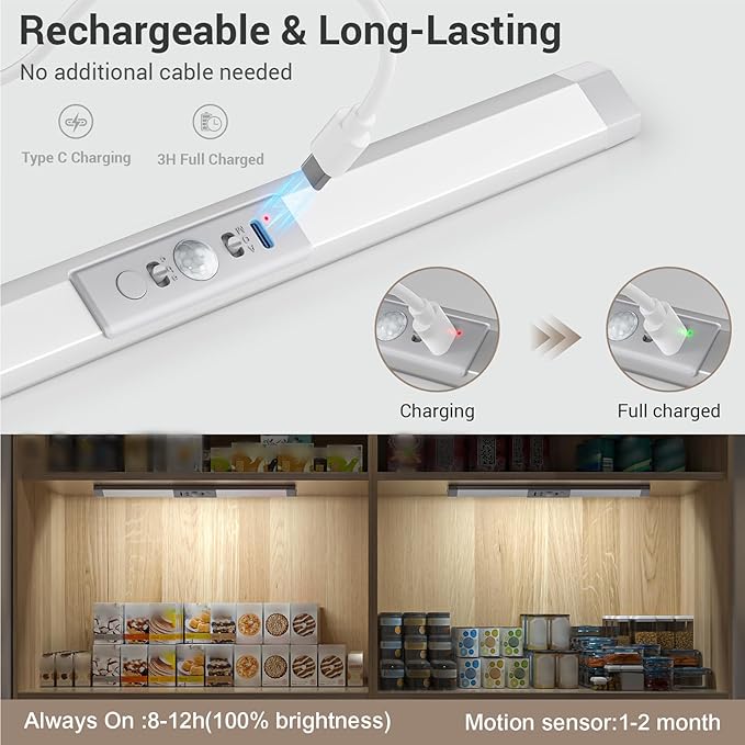 WOBANE Rechargeable Motion Sensor Closet Light，3 Color Dimmable LED Bar with Eye Comfort Design，Magnetic Mount Wireless Battery Operated LED Lighting for Wardrobe，Stairs，Pantry，Hallway, 12inch, 2PCS
