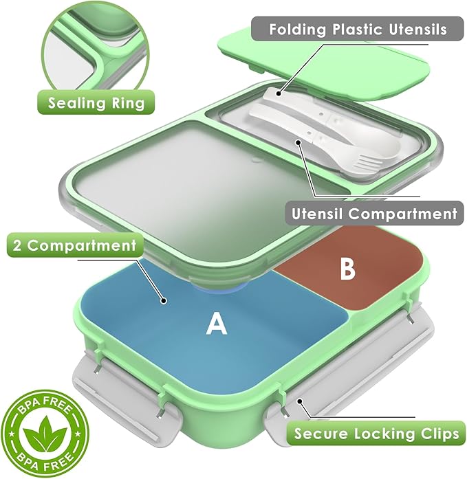 WHALEHOUSE Large Capacity Bento Lunch Box for Adult, 1600ML 2 Compartments Meal Prep Container with Utensil