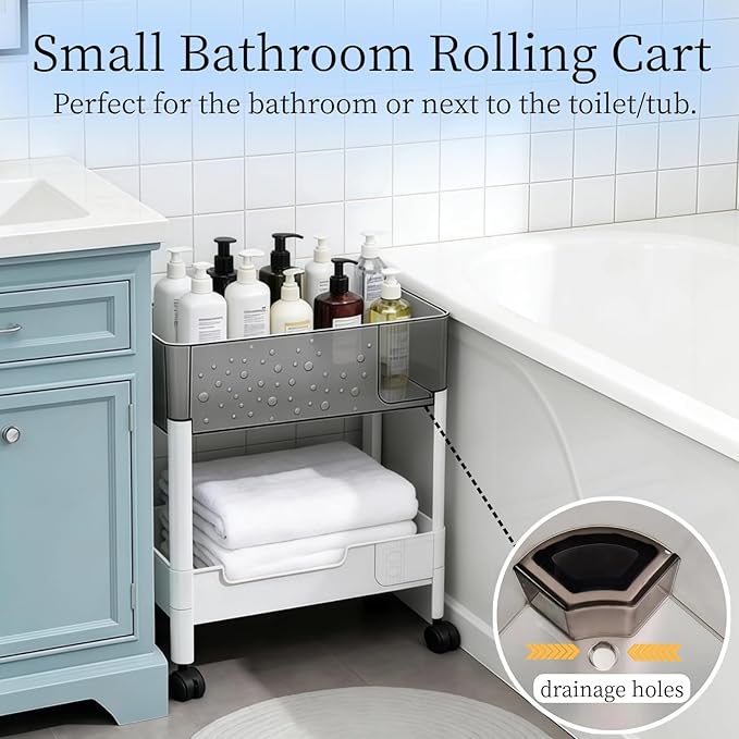 2 Tier Rolling Cart with Wheels for Under Desk Storage, Heavy Duty Plastic Short Small Utility Cart for Small Space Bathroom Vanity Makeup Organizer Pantry, 4.7'' Deep Baskets for Tall Bottles