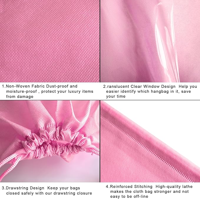 8PCS Dust Bags for Handbags Jumbo Travel Shoe Bags Purses Organizers Storage Bags with Rope Clear Window Dustproof Drawstring Bag Storage Pouch for Men and Women - Pink, 23.6 x 19.7 in