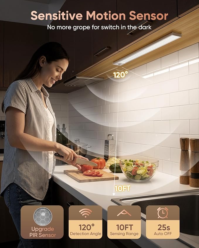 16inch Under Cabinet Lighting Wireless, 216LED Motion Sensor Light Indoor, USB Rechargeable Closet Lights, 3 Color Temps & Dimmable, Stick On Under Counter Lights for Kitchen, Pantry, Stairs, 3 Pack