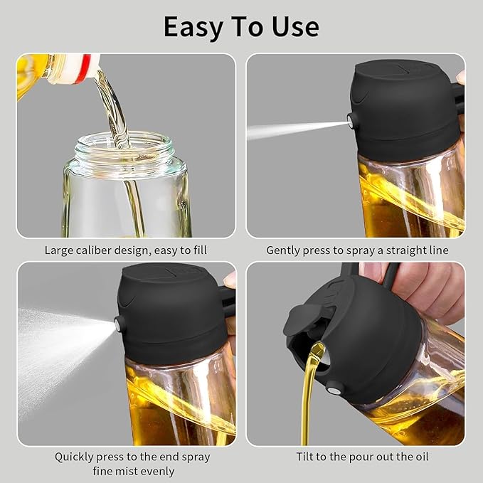Oil Sprayer for Cooking – 16oz Glass Bottle with Fine Mist Nozzle – Ideal for Olive Oil, Air Fryers, Salads, Grilling, and Baking (Black)