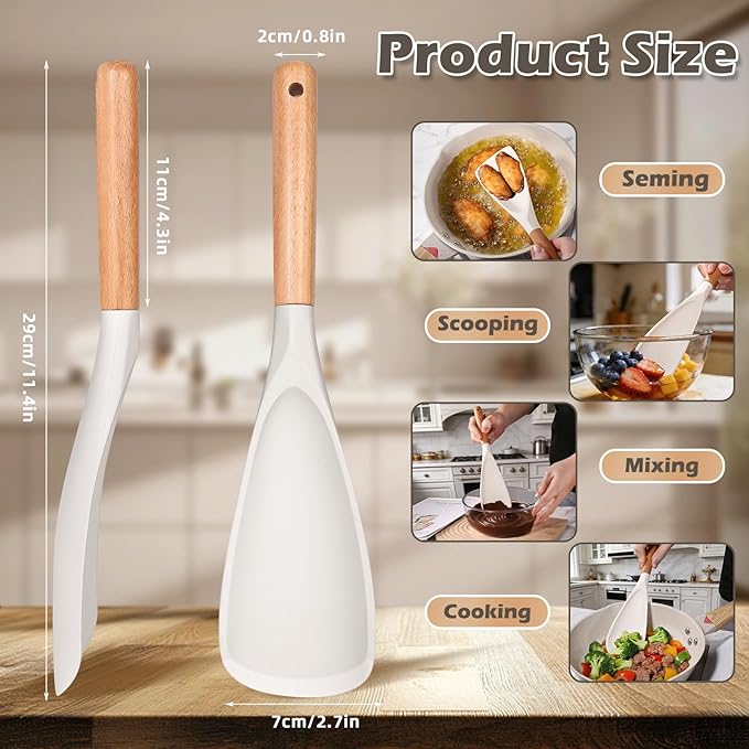 Cooking Spoon Set for Non-Stick Cookware - Wooden Handle & Multifunction Cooking Spoon Spatula, Heat-Resistant Kitchen Utensils for Stirring, Mixing, Serving (1, WHITE)