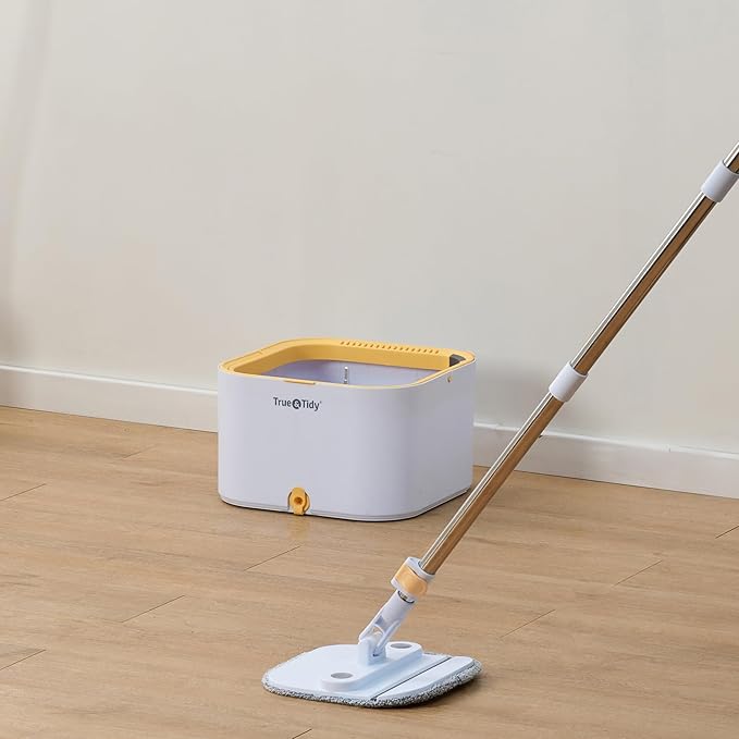 True & Tidy® TrueClean Mop and Bucket System Plus with New Easy Lift Inner Bucket, Self Wringing, Separates Clean from Dirty Water, Folding Mop Head, Dual Brush System, 6-pc Machine Washable Pads