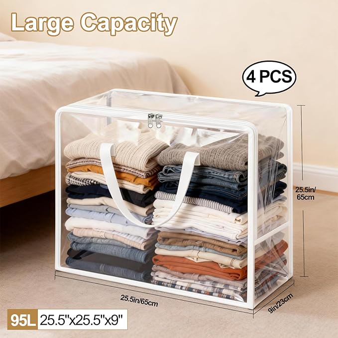 Clear Clothes Storage Bags, 96L Plastic Blanket Comforter Storage Bag, 4 Pack Vinyl Moving Bags,Closet Organizers and Containers for Bedding,Duvet,Toys,Seasonal Clothing,24” Christmas Wreaths,White