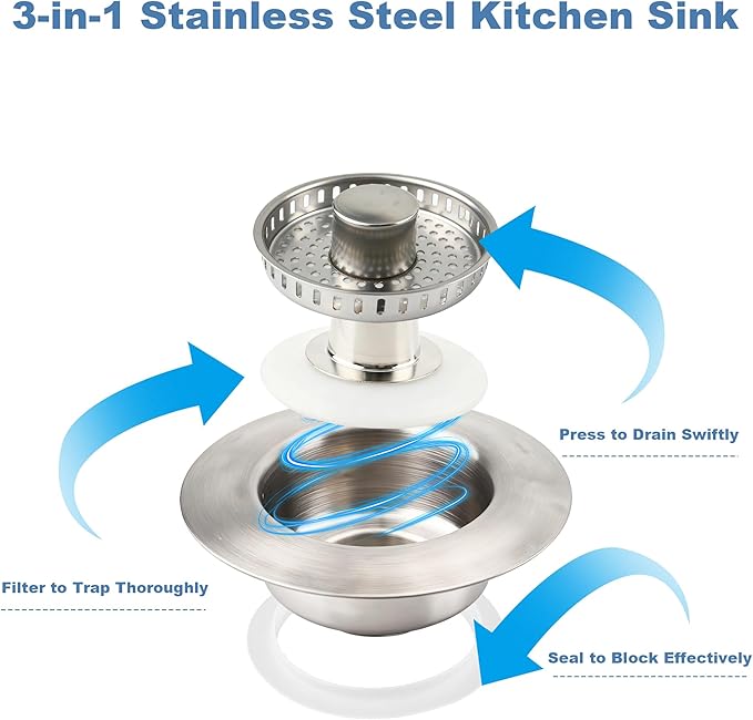3-in-1 Stainless Steel Kitchen Sink Drain Strainer – Pop-up Sink Stopper with Sealing Ring, Anti-Clog & Odor-Proof Drain Filter, Fits 3-1/2 Inch Sink Drain Holes, Easy Installation