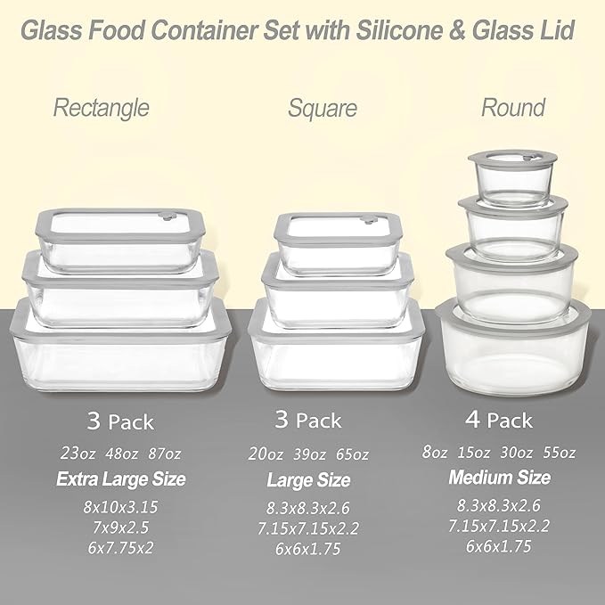 Glass Food Containers with Glass Lid, Microwave Safe Food Storage Container Set, 3 Pack, Square Shape, Food Containers with Lids