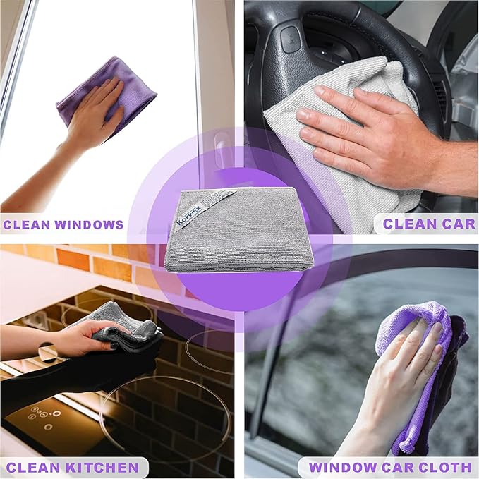 Korwεx Basic Package, Window Cleaning Cloth (Purple) and Enviro Cloth (Grey), Glass Cloth, Lints Streaks Scratches Free, Only Water, No Chemical Needed, (Purple 1 Pack, Grey 1 Pack)