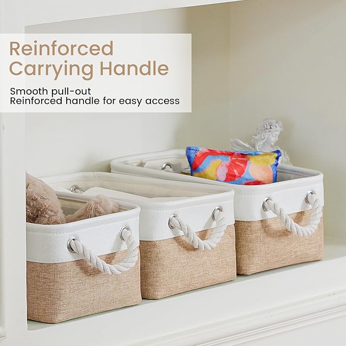 Storage Baskets for Shelves 11.8x7.9x5.2 Inch, Foldable Fabric Storage Bins with Handles, Small Storage Baskets for Organizing Closet, Office, Home Organization (3-Pack, White&Khaki)