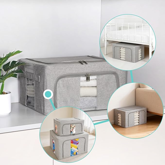 3 Pack Clothes Storage Bins, Foldable Metal Frame Storage Box with Lids,Stackable Linen Fabric Organizer Set with Carrying Handles,Zippers,and Clear Window (Grey, 24L)