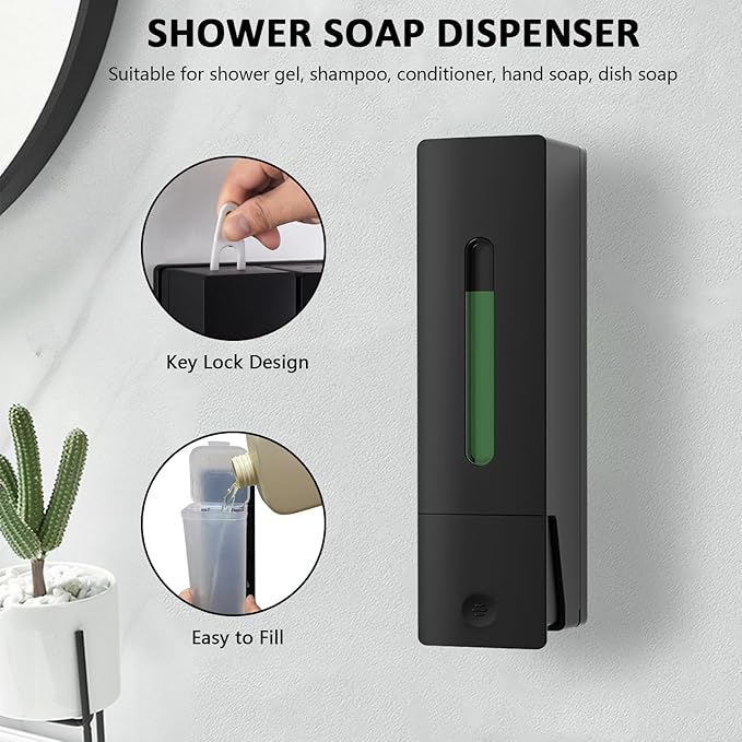 Single Wall Mounted Hand Soap Dispenser, 13.5oz/400ml Black Shower Pump, Clear Refillable Liquid Lotion Soap Dispenser, Drill Free with Adhesive or Wall Mount with Screws Shower Pump Dispenser