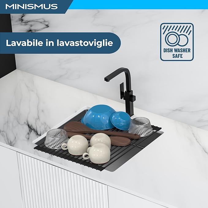 Minismus Over Sink Drying Rack - 13x17 Inches, Black, Roll Up Dish Drying Rack for Kitchen Sink