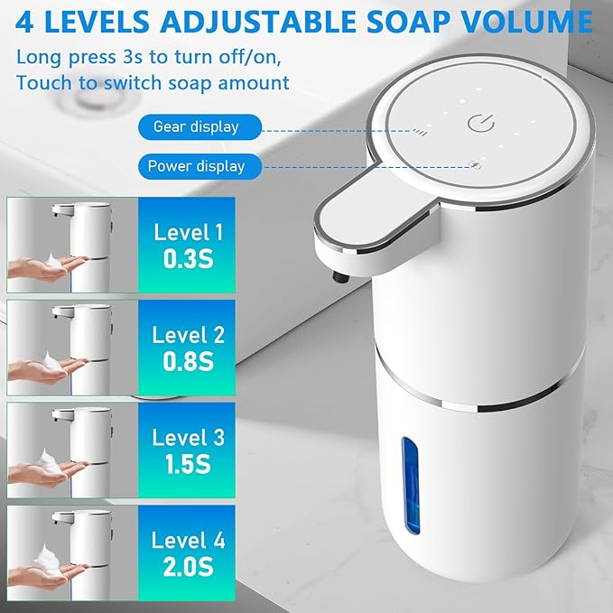 Automatic Soap Dispenser Touchless, USB Rechargeable Automatic Foaming Soap Dispenser, 12.8oz/380mL, 4 Level Adjustable, 1500mAh Smart Wall Mounted for Bathroom Kitchen Dish/Hand Soap