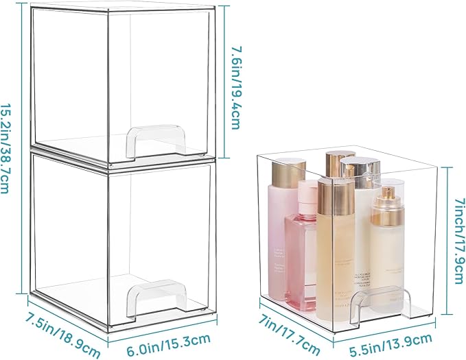 Vtopmart 7.6" H Clear Stackable Storage Drawers, 2 Pack Plastic Organizers Bins for Skincare, Cosmetics,Beauty Supplies,Ideal for Vanity, Bathroom,Kitchen Countertop,Cabinet Organization