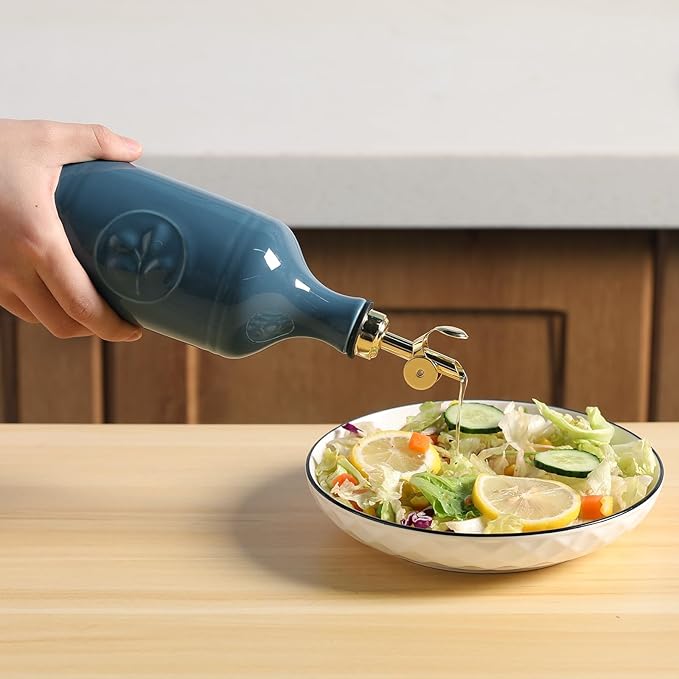 Sweejar 16 Oz Ceramic Olive Oil Dispenser Bottle, Oil Dispenser for Kitchen with Gravity Spout, Relief Opaque Oil Container for Evoo, Avocado Oil, Vinegar, Soy Sauce, 1 Pack(Fog Blue, Gold Spout)