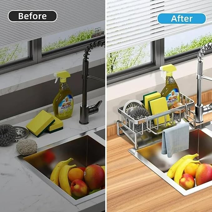 Kitchen Sink Sponge Holder, Rustproof 304 Stainless Steel Sink Caddy with Brush Holder,Kitchen Sink Organizer for Sponge,Dish Brush,Soap Dispenser,