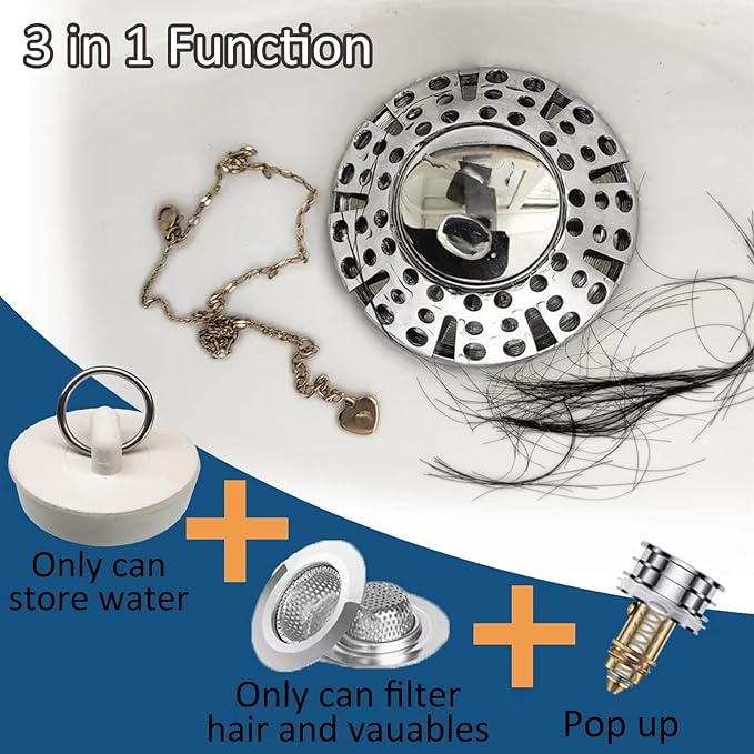 AzWzz Universal Tub Stopper Bathtub Drain Plug, Pop Up Tub Drain Hair Catcher, Drain Cover with Strainer, for 1-3/8 to 2in Bath Drain Hole