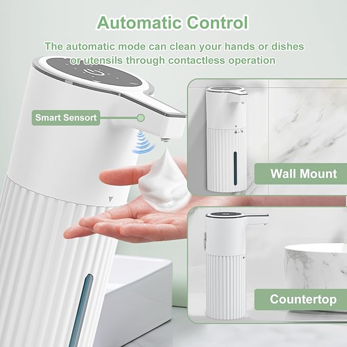 Automatic Soap Dispenser, Continuous Flow Control 400ml Large Capacity Rechargeable Waterproof Adjustable Volume Soap Dispenser for Bathroom & Kitchen(Foam)