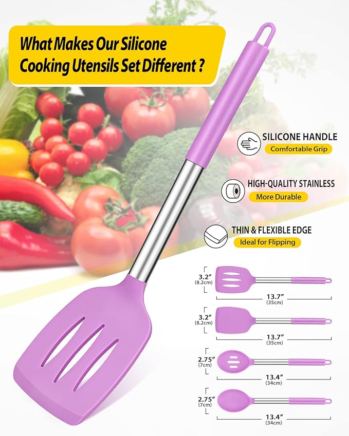 Pack of 4 Silicone Cooking Utensils Set, Non Stick Large Solid Spatulas, Heat Resistant Purple Slotted Spoons, Ideal BPA Free Kitchen Turners for Frying, Mixing,Serving,Draining,Turning,Stirring