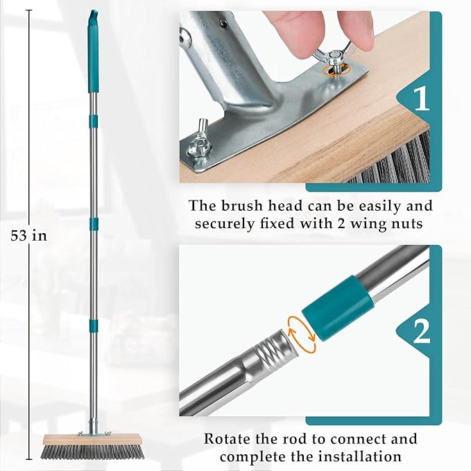 Stainless Steel Deck Scrub Brush with Long Handle, Outdoor Broom for Concrete, Deck, Cement Floor Cleaning, 53" Long Handled Heavy Duty Floor Scrubber