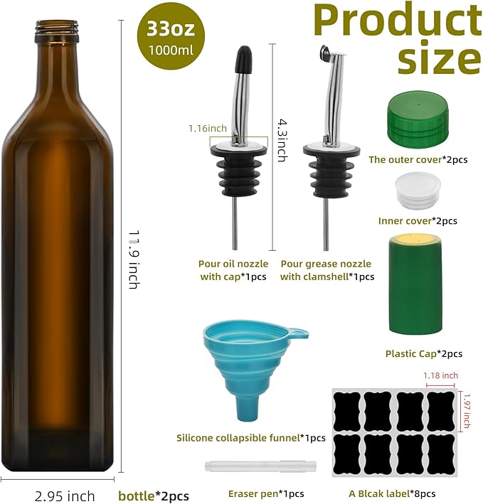 2Pcs 33 oz Olive Oil Dispenser Bottle,1000ml Glass Oil and Vinegar Dispenser Set with Pourers and Funnel ，Oil Bottles for Kitchen Large capacity oil bottles (Brown 2pcs)