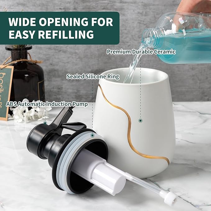 BosilunLife Automatic Foaming Soap Dispenser - Battery Operated Foam Hand Soap Electric Dispenser for Bathroom Ceramic Smart Auto Dish Soap Dispenser for Kitchen Waterproof, White,17 oz