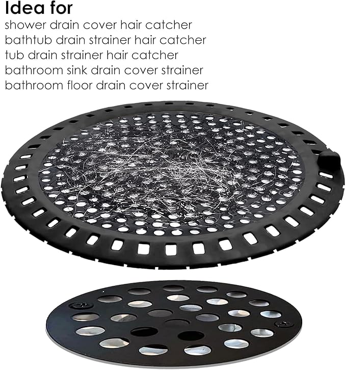 Seatery 2PCS Shower Hair Drain Catcher/Strainer/Cover/Filter/Trap, Hair Stopper Floor Drain, Stainless Steel with Silicone Edge Drain Protector, Black