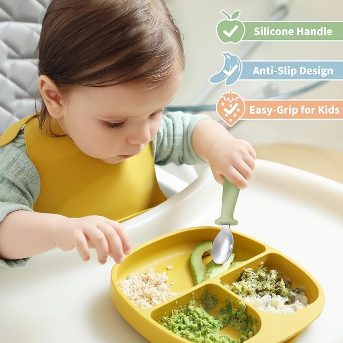 DRKIO 8 Pieces Toddler Utensils Set - Kids Silverware Set with Silicone Handle Children Safe 18/8 Stainless Steel Forks and Spoons Anti-Choke Design Food Grade Dishwasher Safe