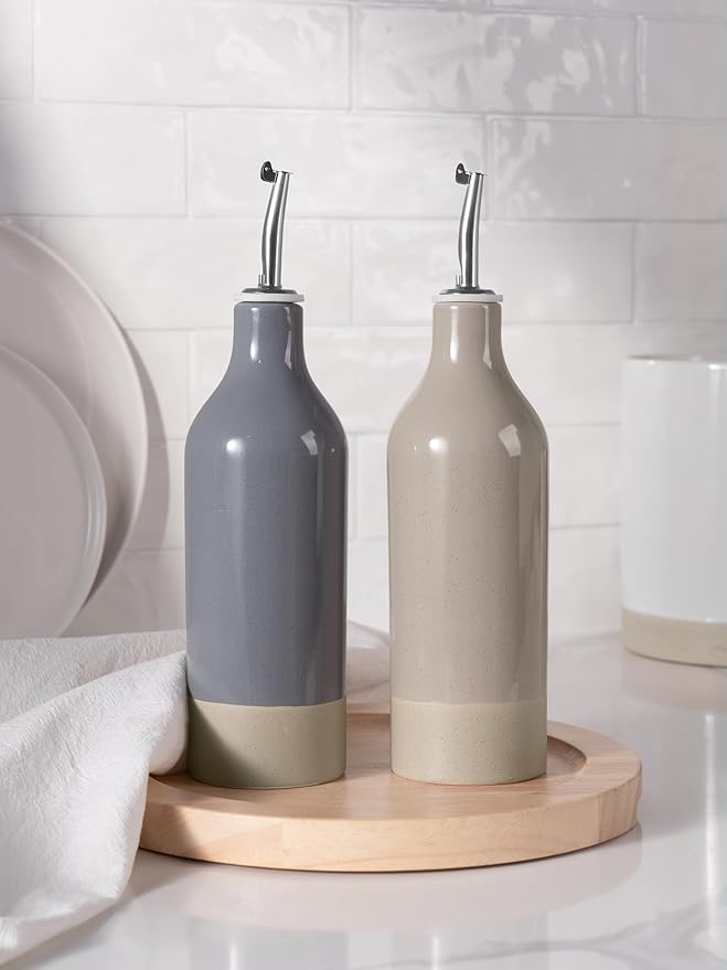 famiware Milkyway 16oz Ceramic Olive Oil Dispenser Bottle, Olive Oil and Vinegar Dispenser Bottle Set of 2 with Stainless Steel Pourers, Suitable for Storage Liquids, Dark Gray and Cinnamon Brown