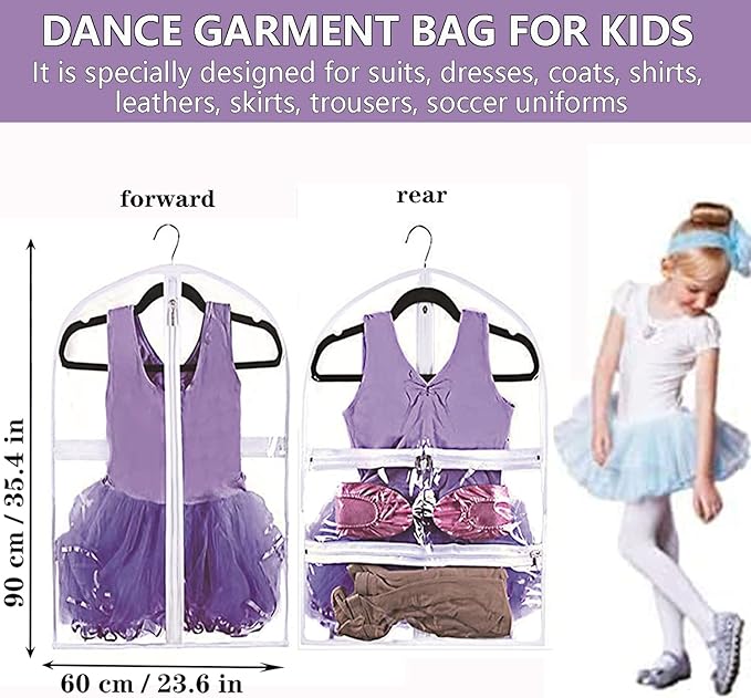 WJWSKI Clear Kids Dance Garment Bag for Hanging Clothes,35 Inch Waterproof PVC Travel Garment Bag with 3 Pockets for Dance Costumes,Sports,Skating,Theatre,Beauty Pageants & More