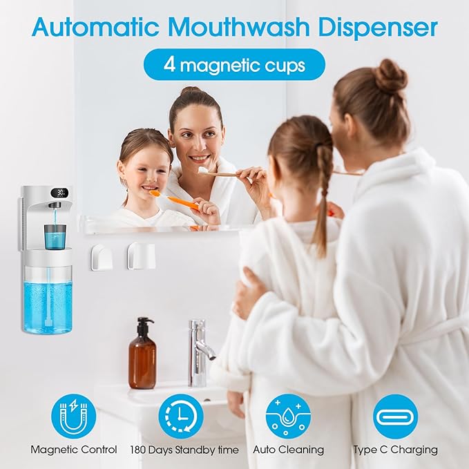 Automatic Mouthwash Dispenser for Bathroom,20.29 oz Touchless Electric Mouth Wash Dispensers Bathroom Accessories Set with 4 Magnetic Cups,4 Modes Wall Mounted Mouth Wash Dispenser for Home & Kids
