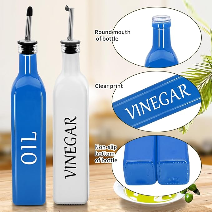 Olive Oil Dispenser Bottle,2 Pcs 17oz 500ml Glass O il and Vinegar Dispenser Set with 2 Stainless Steel Pourers, 8 Labels,Funnel Vinegar Bottles for Kitchen (Blue Oil & White Vinegar)