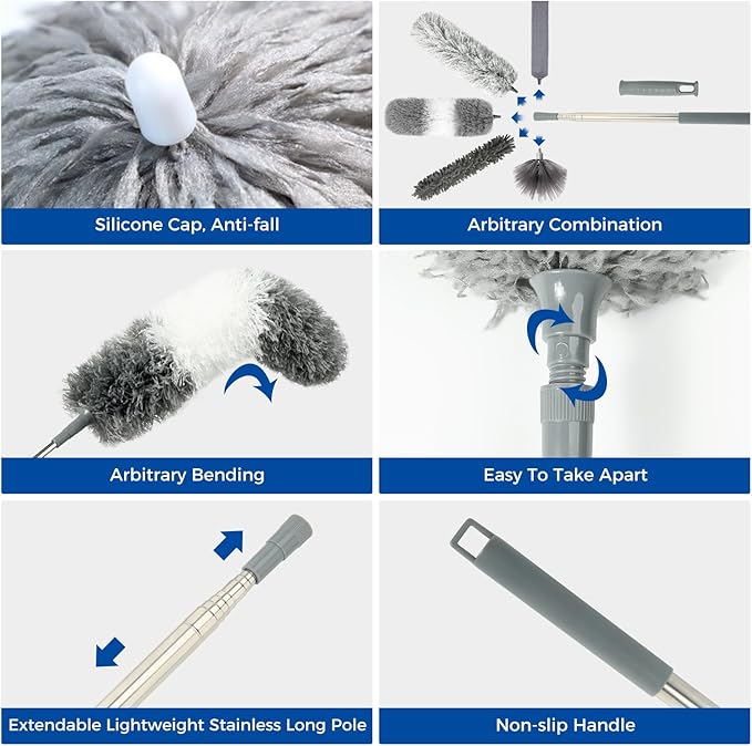 9Pcs Dusters for Cleaning Kit, Extendable Microfiber Duster Tools with 100" Long Pole, Retractable Gap Bendable Dust Cleaner